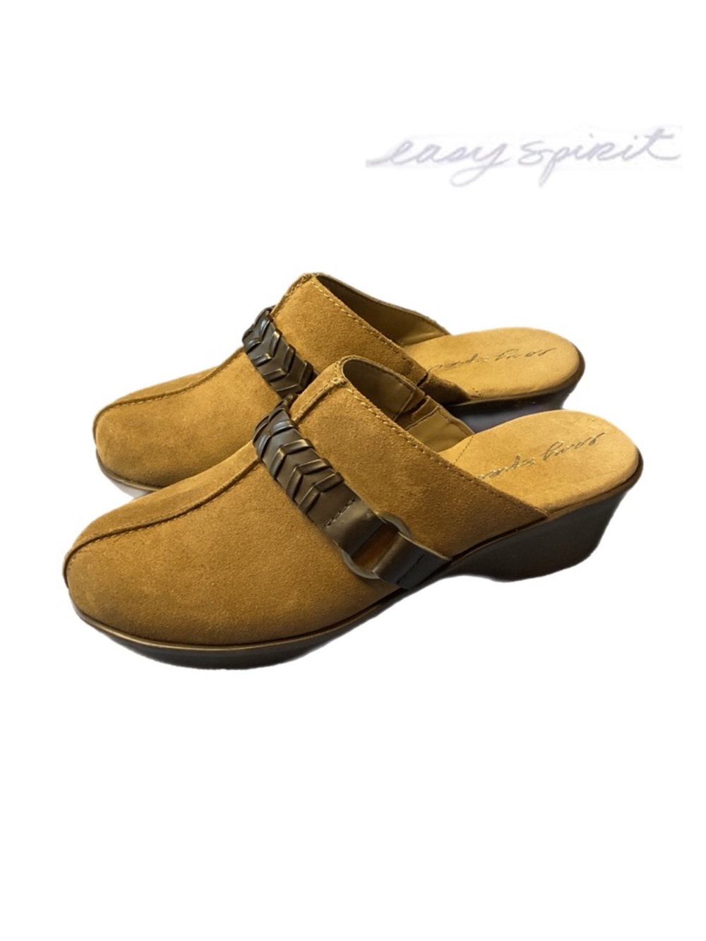 Easy Spirit 8.5 Mule Clogs Tan Suede with Brown Leather Braid Women’s